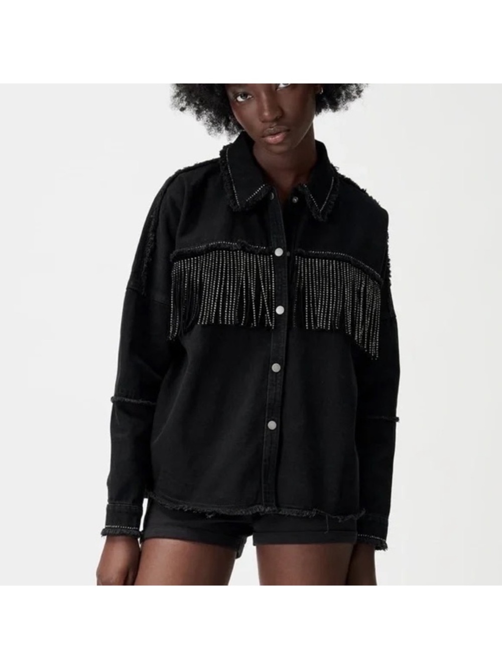 Zara Black Fringe Embellished Button-Front Jacket